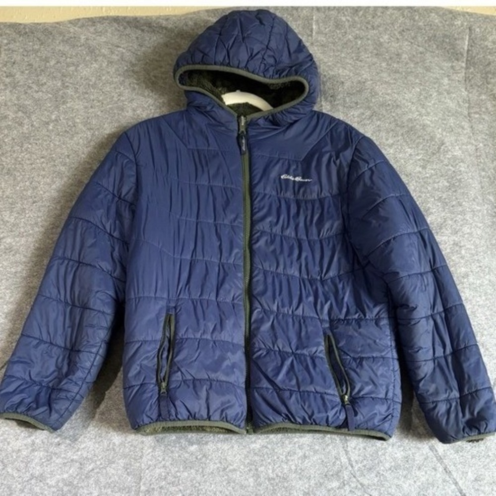 Eddie Bauer Youth XL Navy Blue Puffer Jacket Camo Fleece Lined Hooded Full Zip